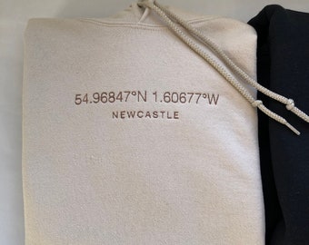 Personalised Custom Coordinates Location Embroidered Hoodie Custom Location Unisex Valentines Day Gift Husband Wife Date