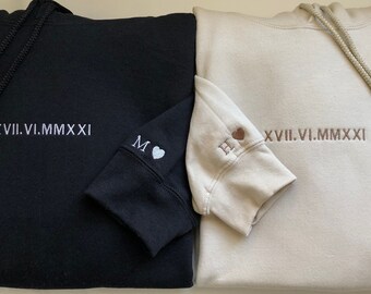 Initial Heart Sleeve* Embroidered Hoodie, Valentines Day Gift, Unisex Roman Numeral, Married, Wife, Husband, Couple Anniversary Date