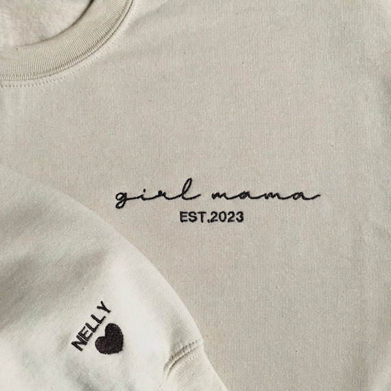Custom Girl Mama SWEATSHIRT, Embroidered Girl Mama Sweatshirt, Custom Sleeve with Kids Names, For Her, For Mum, Mother's Day Gift