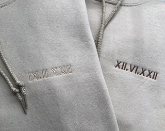 Embroidered Hoodie, Personalised Anniversary Special Date Roman Hoodie, Wedding Anniversary, Couple Matching Hoodies, Embroidered numerals
