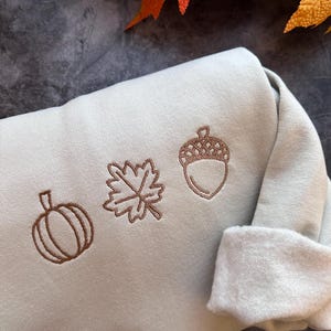 May include: A light green sweatshirt with brown embroidered autumn-themed designs, including a pumpkin, a leaf, and an acorn.