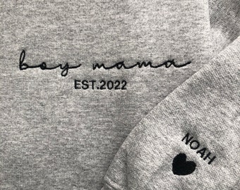 Custom Boy Mama Sweatshirt, Embroidered Boy Mama Sweatshirt, Custom Sleeve with Kids Names, For Her, For Mum, Mother’s Day Gift