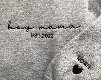 Anpassad Boy Mama-tröja, broderad Boy Mama-tröja, anpassad ärm med barnnamn, för henne, för mamma, mors dag-present