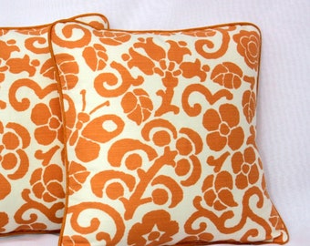 Linen Pillows, Groundworks Throw Pillow, Linen/Cotton Blend, w/ Stylized Garden Print in Rich Tangerine