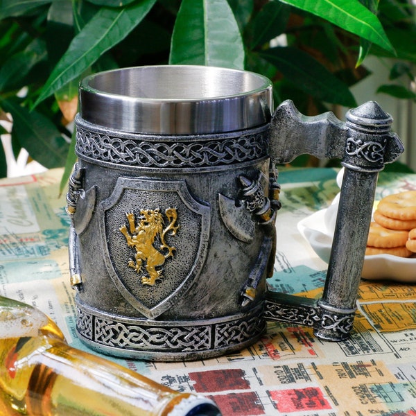 Medieval Viking Axes Mug Gifts for Men, English Gold Lion Shields Beer Steins Tankard Stainless Coffee Cup Renaissance Art Norse Decor