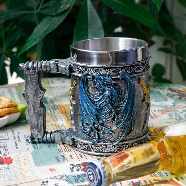 Medieval Blue Dragon D&D Game Mug of Throne Merchandise Beer Steins Viking Tankard Mug Stainless Coffee Cup Gift Mugs for Dragon Collector