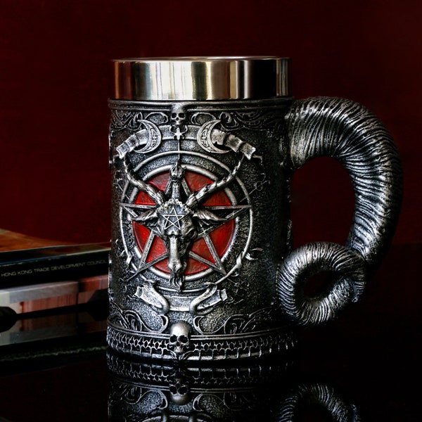 Medieval Baphomet Head Beer Mug - Sabbatic Goat Pentagram Drinking Tankard 21oz Stainless Steel Wine Coffee Cup Novelty Gothic
