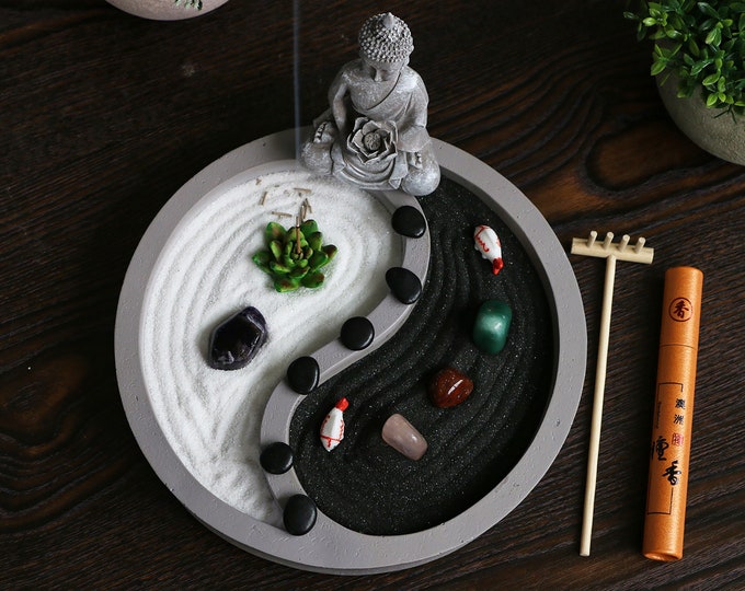 Crystal Zen Garden kit for Desk Yin Yang Meditation Sand Rock Garden Birthday Zen Gift Set with Zen Rake Statue Healing Stones White Sand