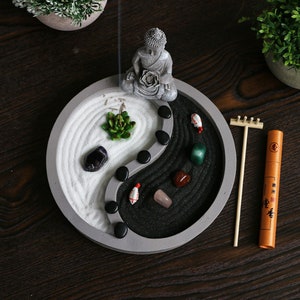 Crystal Zen Garden kit for Desk Yin Yang Meditation Sand Rock Garden Birthday Zen Gift Set with Zen Rake Statue Healing Stones White Sand