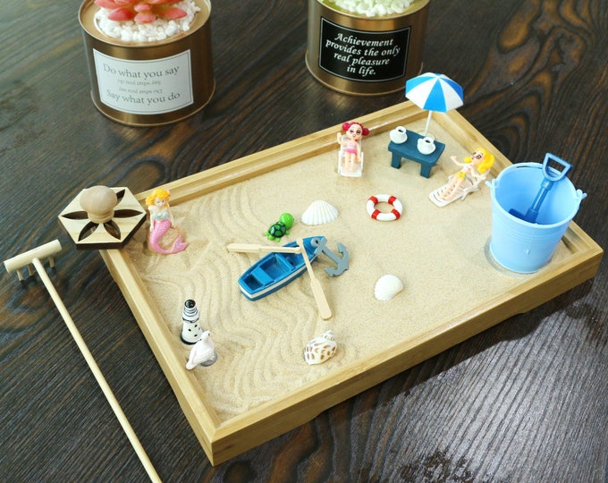 Desktop Miniature Beach Zen Garden Mini Home Office Tabletop Sandbox Bamboo Rakes Stamp Tray Tool Accessories Kit Meditation Relaxation Gift