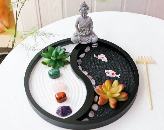 Buddha Meditation Zen Garden Kit Home Office Tabletop Taiji Yin Yang Sand Rock Garden Zen Decor Zen Gifts DIY Mini Chakra Crystal Garden