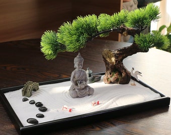 Japanese Tabletop Meditation Zen Garden Gift Tabletop Rock Sand Meditating Garden Bridge Bamboo Rakes Bonsai Tree Accessories Tools Kits