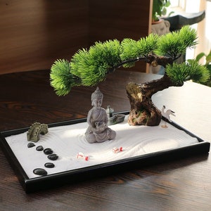 Japanese Tabletop Meditation Zen Garden Gift Tabletop Rock Sand Meditating Garden Bridge Bamboo Rakes Bonsai Tree Accessories Tools Kits