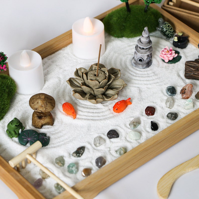 Mini Chakra Crystal Zen Garden Desktop Miniature Japanese Sand Rock Garden Kit Home Office Meditation Zen Gift with Set Rake Tools Set image 5