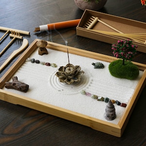 Mini Chakra Crystal Zen Garden Desktop Miniature Japanese Sand Rock Garden Kit Home Office Meditation Zen Gift with Set Rake Tools Set image 3