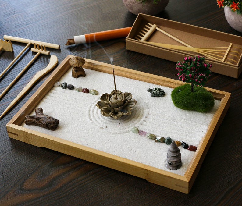 Mini Chakra Crystal Zen Garden Desktop Miniature Japanese Sand Rock Garden Kit Home Office Meditation Zen Gift with Set Rake Tools Set image 3