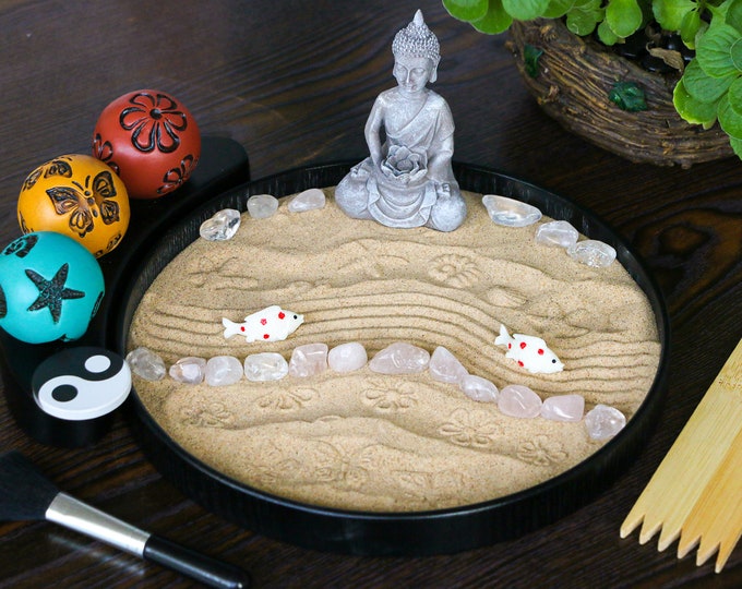 Meditation Buddha Crystal Zen Garden Kit - Office Zen Rake Stamp Spheres Sandbox Accessories Tools Healing Stone Sand Garden