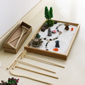 Mini Chakra Crystal Zen Garden Desktop Miniature Japanese Sand Rock Garden Kit Home Office Meditation Zen Gift with Set Rake Tools Set image 10