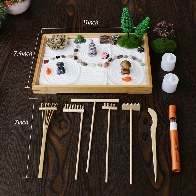 Mini Chakra Crystal Zen Garden Desktop Miniature Japanese Sand Rock Garden Kit Home Office Meditation Zen Gift with Set Rake Tools Set image 7