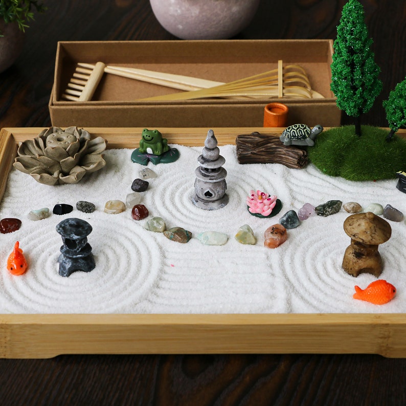 Mini Chakra Crystal Zen Garden Desktop Miniature Japanese Sand Rock Garden Kit Home Office Meditation Zen Gift with Set Rake Tools Set image 4