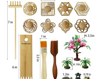Mini Zen Garden Accessories - Tabletop Tools Kit Rakes and Stamp Office Black Rake Japanese Gifts Bamboo Table Meditation Sandbox Relaxation