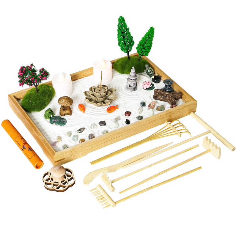 Mini Chakra Crystal Zen Garden Desktop Miniature Japanese Sand Rock Garden Kit Home Office Meditation Zen Gift with Set Rake Tools Set image 8