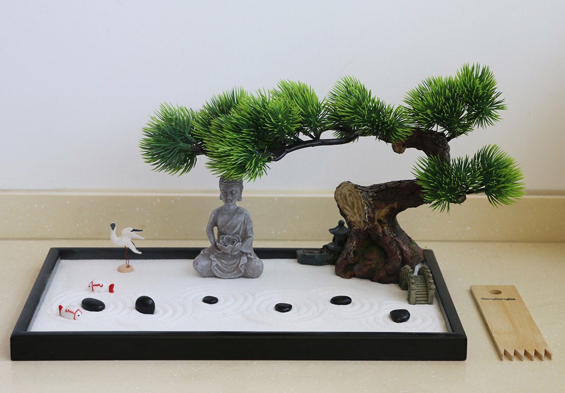 Japanese Tabletop Meditation Zen Garden Gift - Tabletop Rock Sand  Meditating Garden Bridge Bamboo Rakes Bonsai Tree Plant Pagoda Accessories  Tools