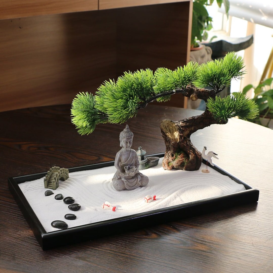 Japanese Tabletop Meditation Zen Garden Gift Tabletop Rock Sand Meditating  Garden Bridge Bamboo Rakes Bonsai Tree Accessories Tools Kits 