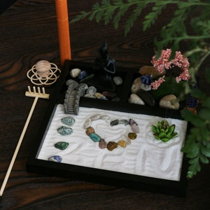 Tabletop Meditation Yoga Zen Garden Office Desktop Japanese Relaxation Rock Sand Box Bamboo Rakes Accessories Tools Kits Pagoda  cense Stamp