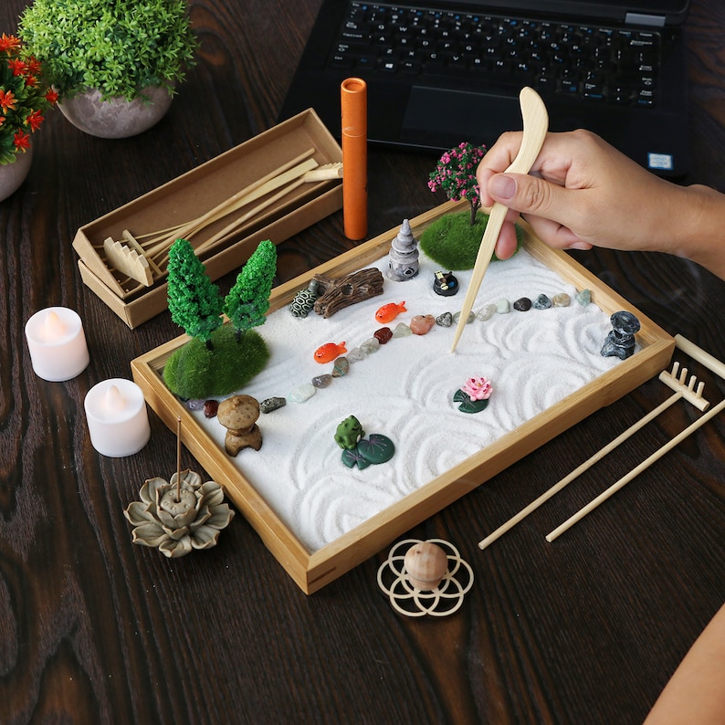 Mini Chakra Crystal Zen Garden Desktop Miniature Japanese Sand Rock Garden Kit Home Office Meditation Zen Gift with Set Rake Tools Set image 2