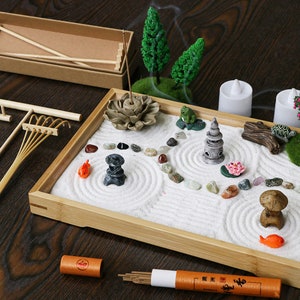 Mini Chakra Crystal Zen Garden Desktop Miniature Japanese Sand Rock Garden Kit Home Office Meditation Zen Gift with Set Rake Tools Set image 1