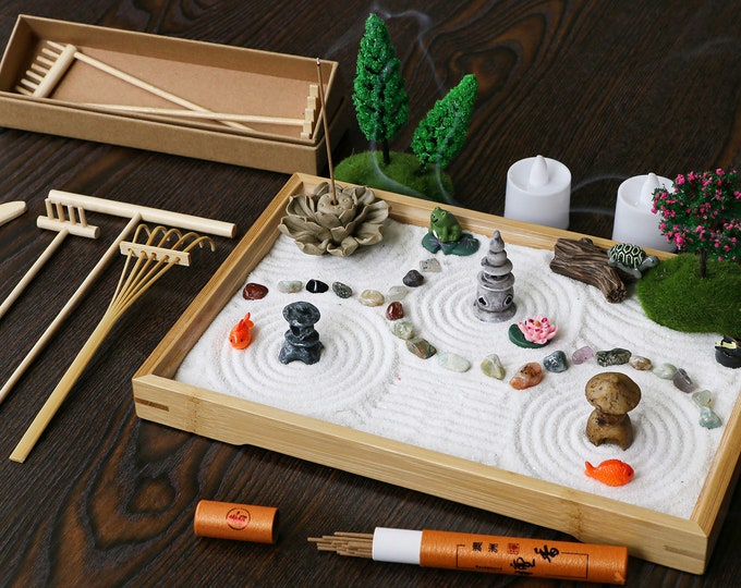 Mini Chakra Crystal Zen Garden -  Desktop Miniature Japanese Sand Rock Garden Kit Home Office Meditation Zen Gift with Set Rake Tools Set