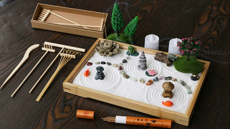 Mini Chakra Crystal Zen Garden Desktop Miniature Japanese Sand Rock Garden Kit Home Office Meditation Zen Gift with Set Rake Tools Set image 1