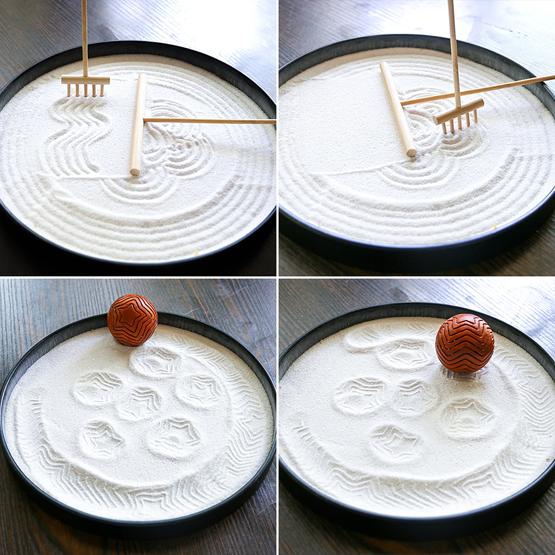 Kit 4 Mini Outils Jardin Zen En Bois - Râteaux à Sable Pour Décoration Et Méditation