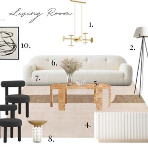 Mood Board, diseño de habitaciones, diseño de interiores, decoración de interiores: sala de estar con curvas neutras