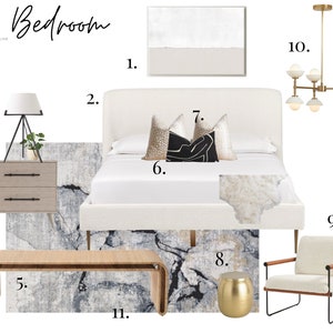 Mood Board, diseño de habitaciones, diseño de interiores, decoración de interiores: dormitorio neutro moderno