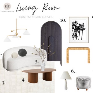 Mood Board, diseño de habitaciones, diseño de interiores, decoración de interiores: sala de estar con curvas contemporáneas