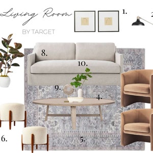 Puede incluir: Un diseño de interior de sala de estar con un sofá gris claro, dos sillones marrones, dos pufs blancos, una mesa de centro, una alfombra, una planta en maceta y dos impresiones enmarcadas. El texto "EE Living Room BY TARGET" es visible en la imagen.