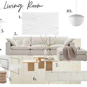 Mood Board, diseño de habitaciones, diseño de interiores, decoración de interiores: sala de estar completamente blanca