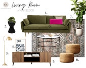 Mood Board, Room Design, Interior Design, Interior Decorating - Colorful Living Room for Every Budget