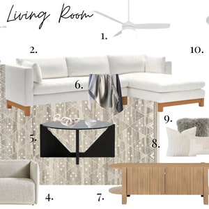 Mood Board, diseño de habitaciones, diseño de interiores, decoración de interiores: sala de estar amplia y luminosa