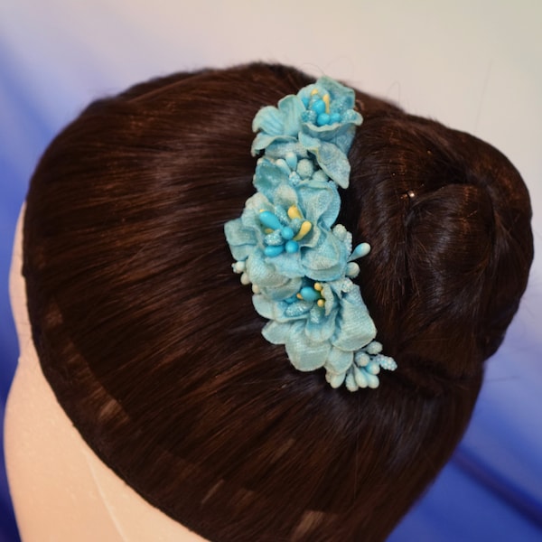 Blue Flower Ballet Headpiece on Comb - Professional Fabric Flower Dance Hairpiece for Performance or Competition - Devilcat Dancewear