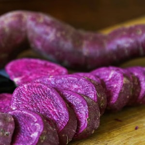 Puede incluir: Primer plano de batatas moradas en rodajas sobre una superficie de madera. La vibrante pulpa morada es visible en los cortes circulares, con una batata entera en el fondo. Las patatas tienen una textura ligeramente rugosa.