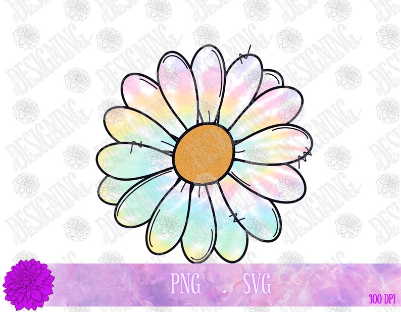 K&ouml;nnte beinhalten: Eine bunte Tie-Dye-G&auml;nsebl&uuml;mchen mit gelber Mitte. Die G&auml;nsebl&uuml;mchen ist schwarz umrandet und hat einen Aquarelleffekt.