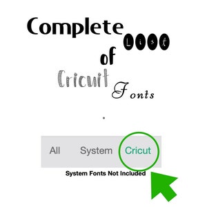 Full PDF Cricut Font List, Printable Format, Cricut Fonts Only, Font Name and Example List, Cricut Style Fonts, Cricut Font Reference List