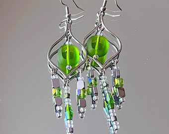 chandelier earrings , faceted green glass & silver bead accents