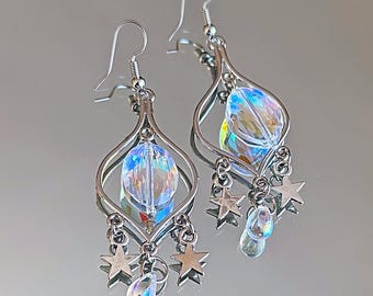 chandelier earrings with prismatic iridescent ovals three tier iridescent and silver star accent beads