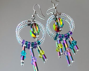 chandelier hoop earrings with faceted iridescent glass and purple & teal prism accent beads