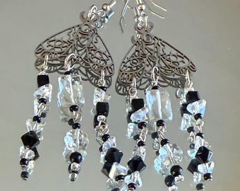 filigree lunar moth & evil eye earring with long black crystalline bead strands