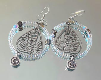 large drop hoop earrings with iridescent accent beads and filigree Blanchette’s